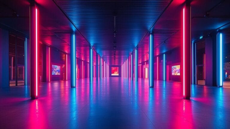 Image de l'arène esports futuriste à Angoulême éclairée en bleu et violet, ambiance dynamique.