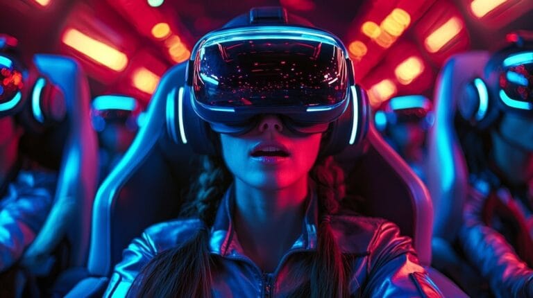 Scène d'une arène futuriste avec des lumières néon vibrantes et des joueurs en compétition avec des casques VR.