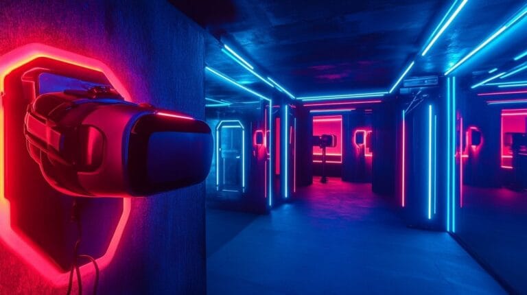 A cutting-edge virtual reality arena in Amiens with striking neon lighting in blue and red hues.