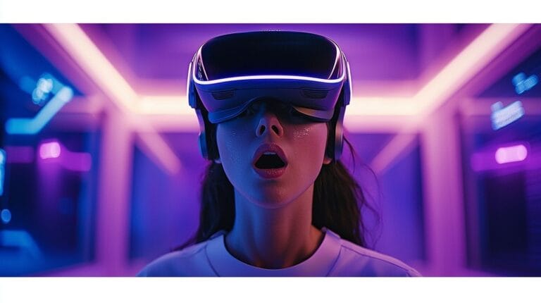 Une scène de réalité virtuelle immersive avec des effets de lumière bleus et violets dans une pièce moderne et dynamique