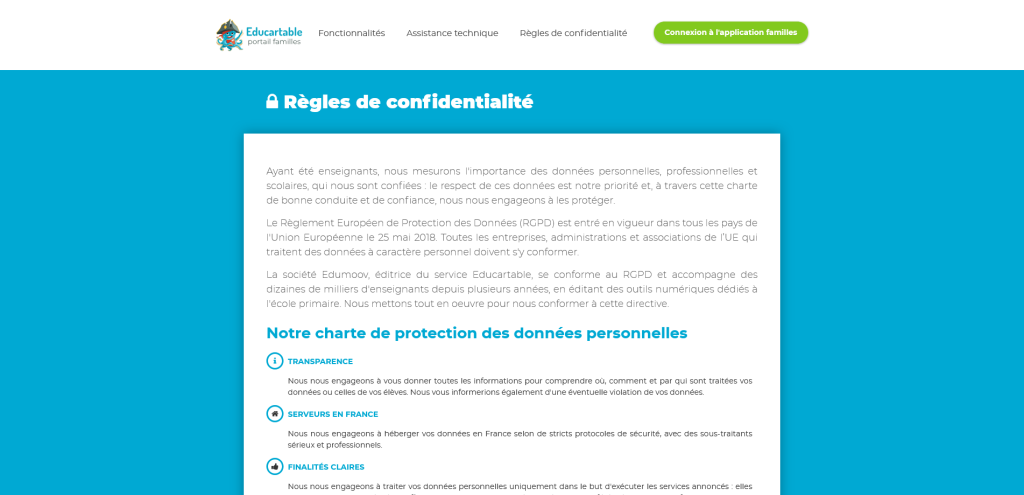 garanties de sécurité et de protection des données offre Educartable