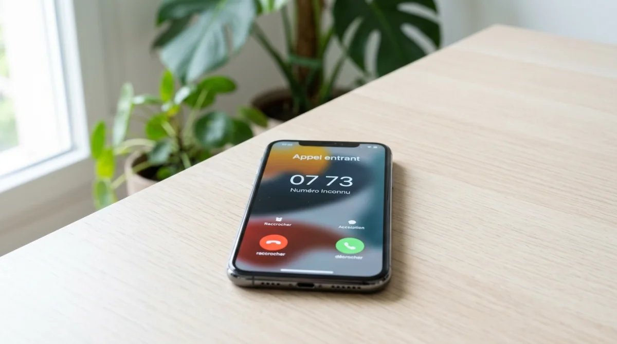 Smartphone moderne posé sur un bureau affichant un appel entrant, pour identifier 0773 quel opérateur vous appelle.