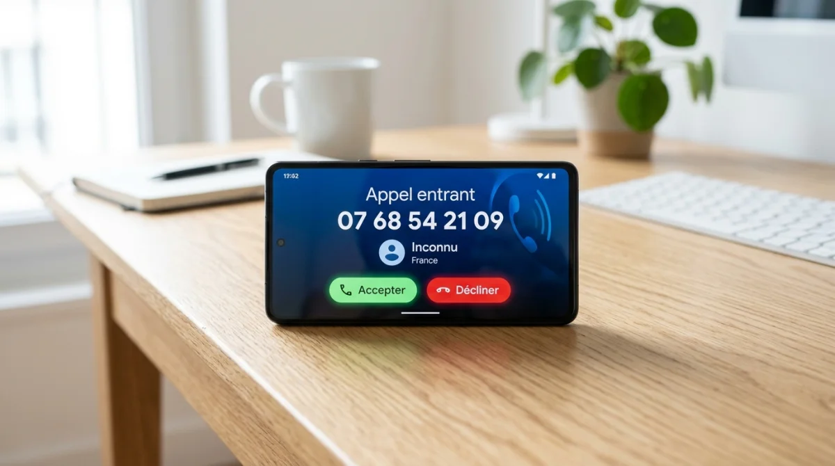 Smartphone moderne sur une table en bois affichant un appel entrant commençant par 0768 quel opérateur.