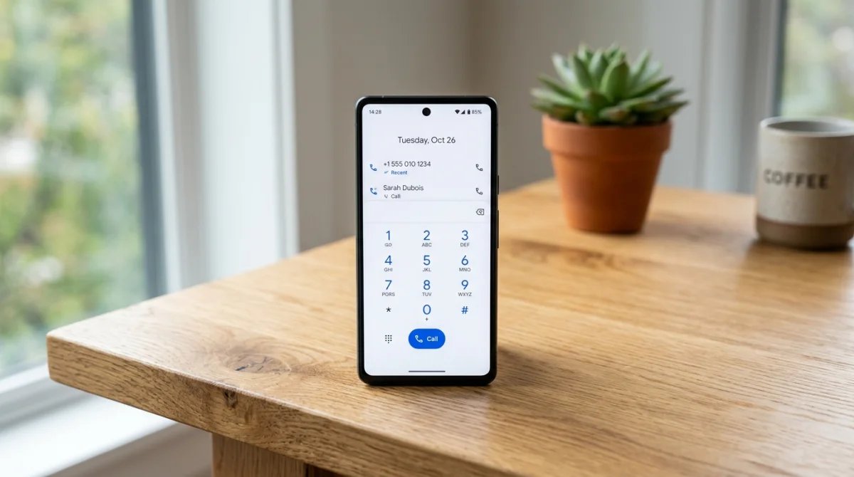 Smartphone moderne sur un bureau en bois affichant un pavé numérique pour identifier le 0769 quel opérateur.