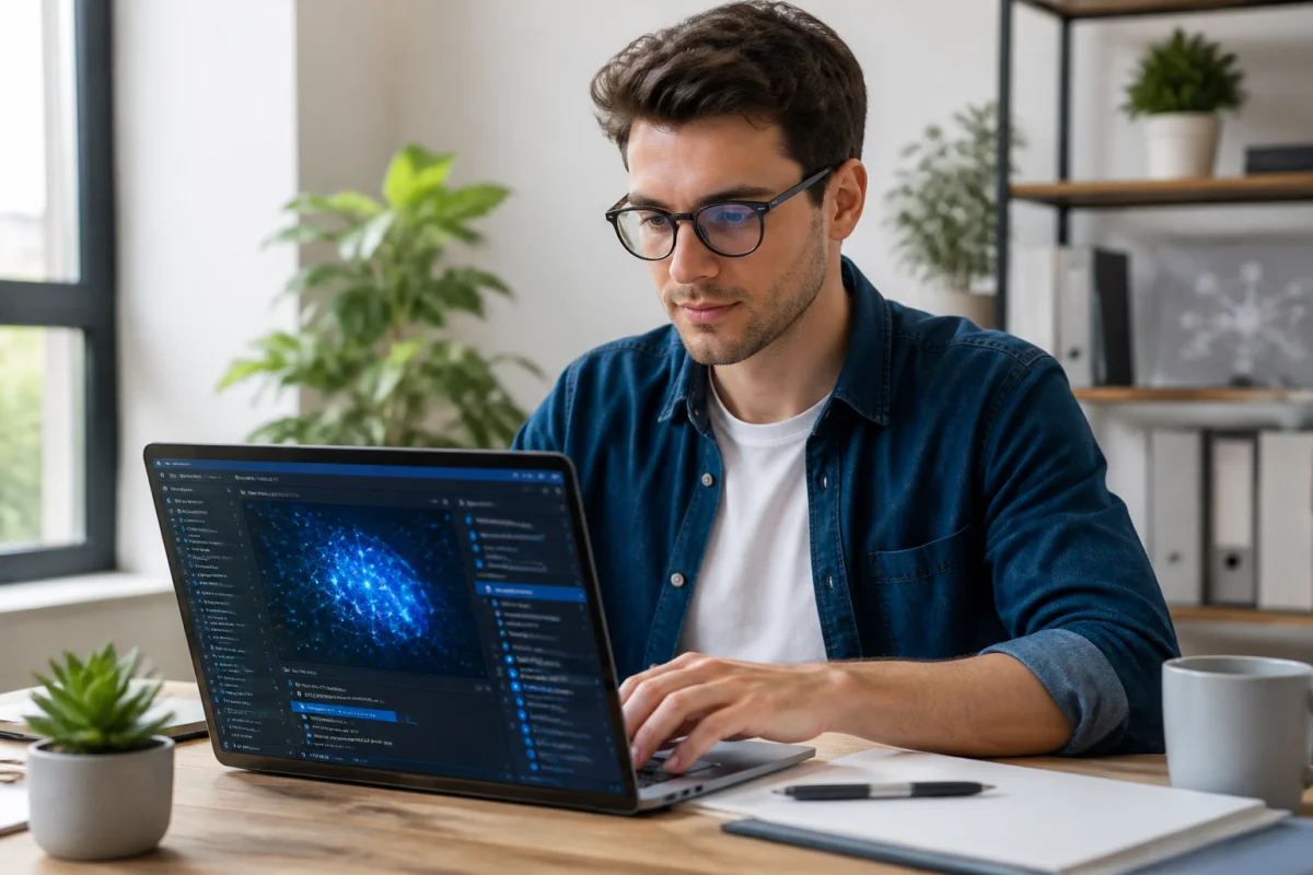 Développeur concentré travaillant sur un ordinateur portable pour apprendre comment créer un assistant IA dans un bureau lumineux.