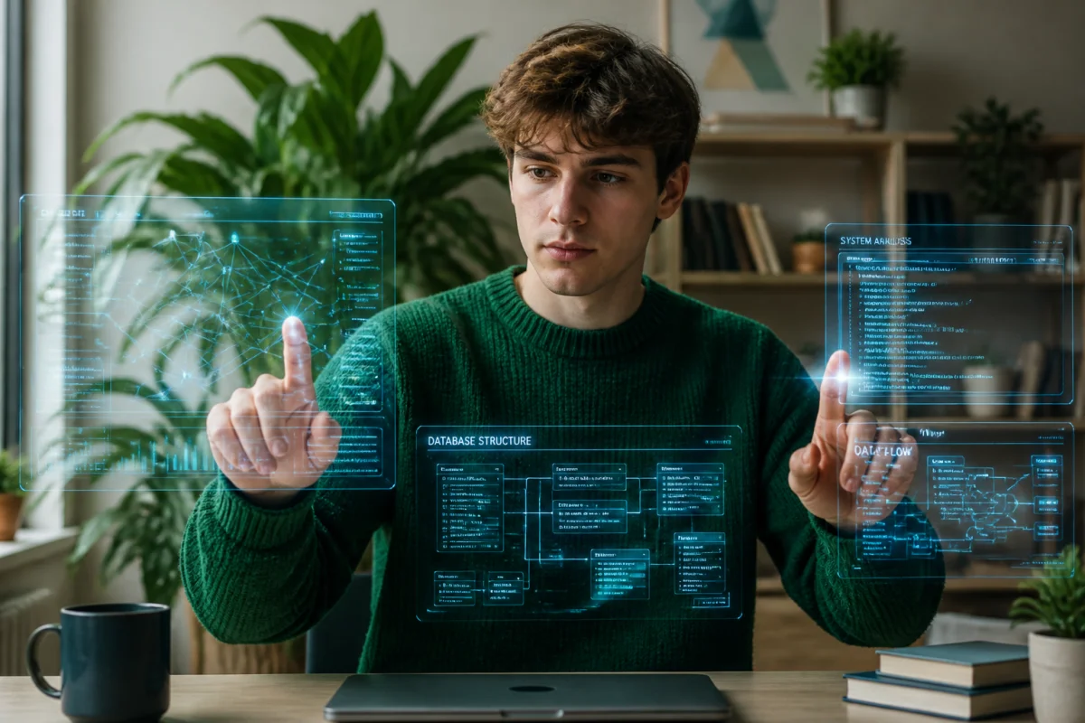 Jeune développeur concentré manipulant des interfaces holographiques pour expliquer comment créer un assistant IA dans un bureau moderne.