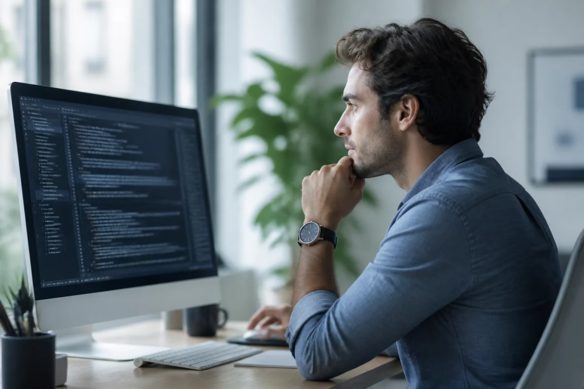 Personne concentrée analysant des lignes de code sur un écran pour apprendre comment détecter un texte généré par IA.