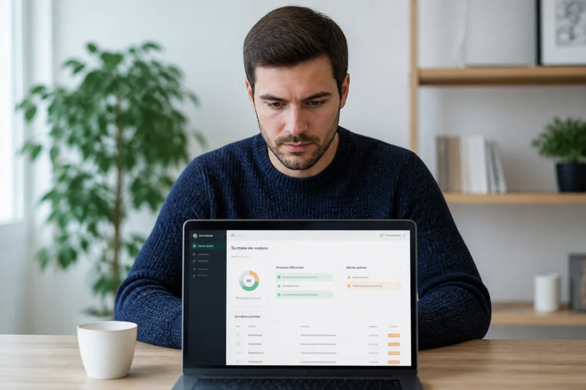 Personne concentrée devant un écran d'ordinateur pour analyser et détecter un texte généré par IA dans un bureau.