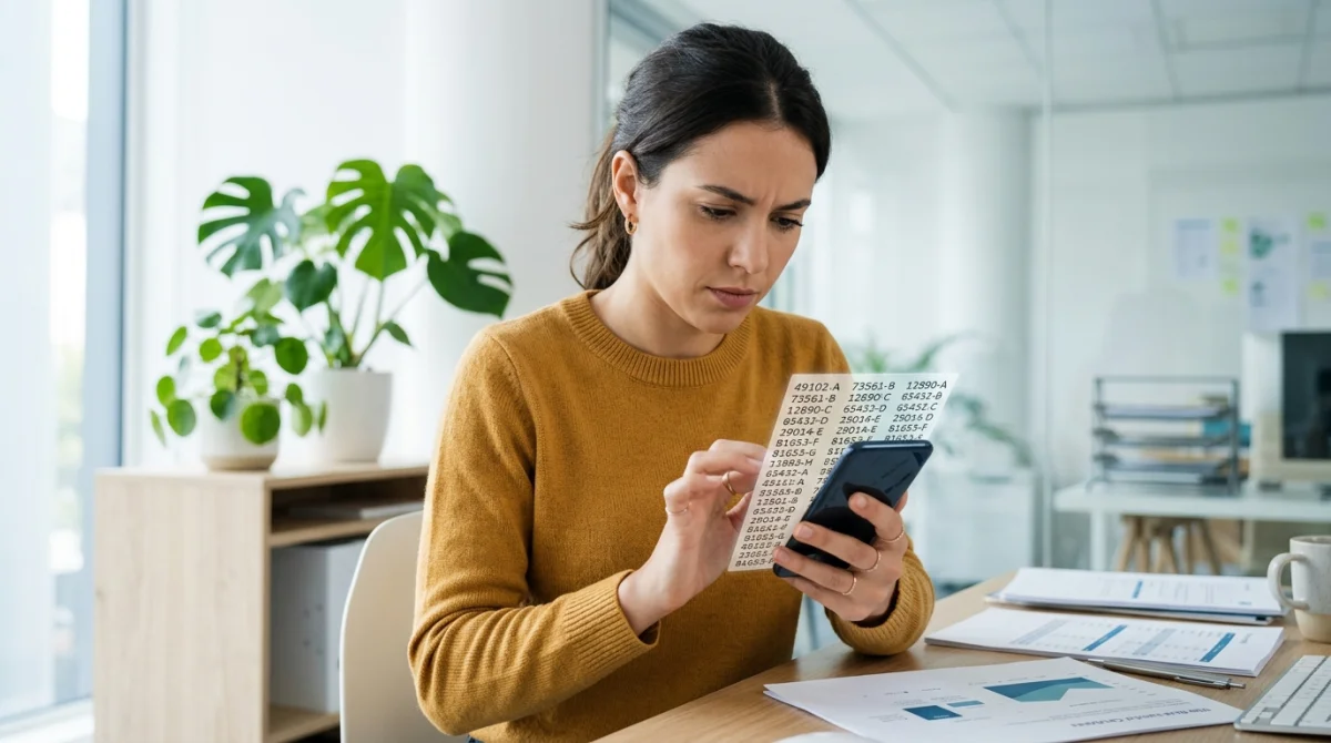 Personne consultant des codes numériques sur smartphone pour identifier l'opérateur du numéro 0695 dans un bureau lumineux.
