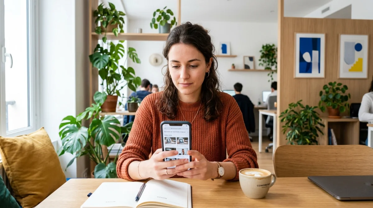 Personne utilisant un smartphone dans un espace de coworking pour identifier l'opérateur derrière le numéro 0677.