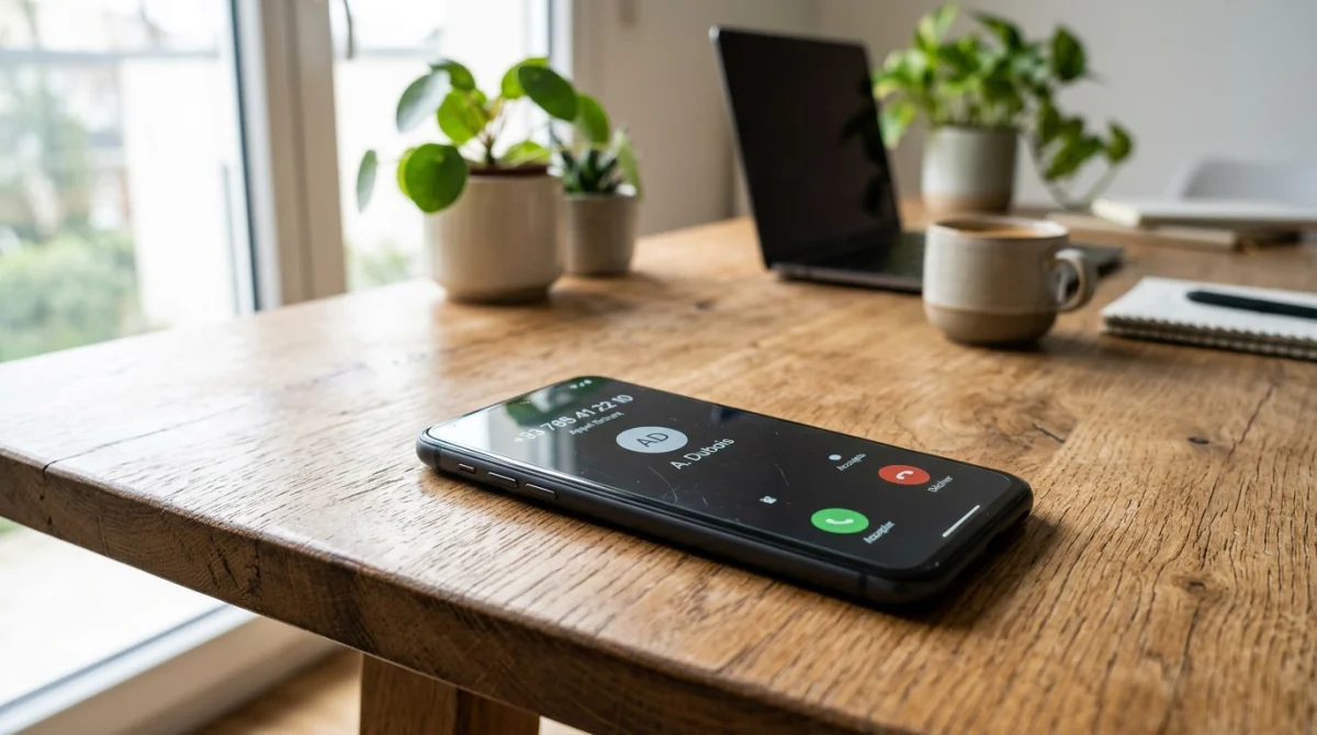 Smartphone moderne sur une table en bois affichant un appel entrant commençant par 0785 pour identifier l'opérateur.