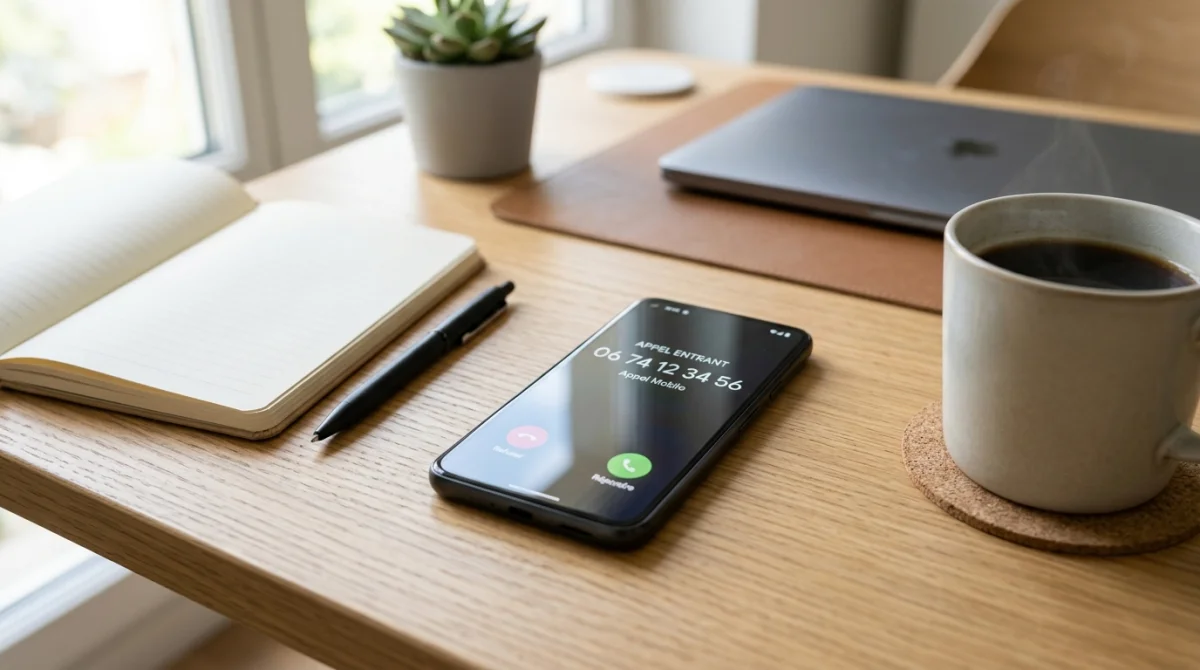 Smartphone moderne posé sur un bureau affichant le numéro 0674 pour identifier quel opérateur vous appelle.