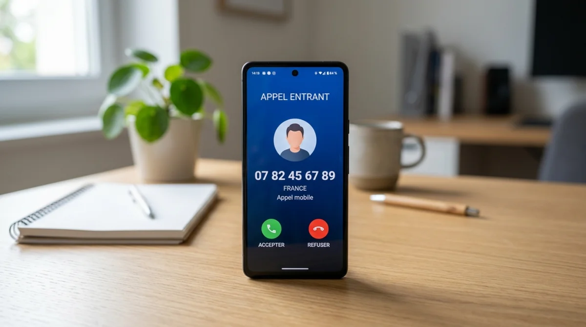 Smartphone affichant un appel entrant commençant par 0782 sur un bureau, illustrant quel opérateur utilise ce numéro.