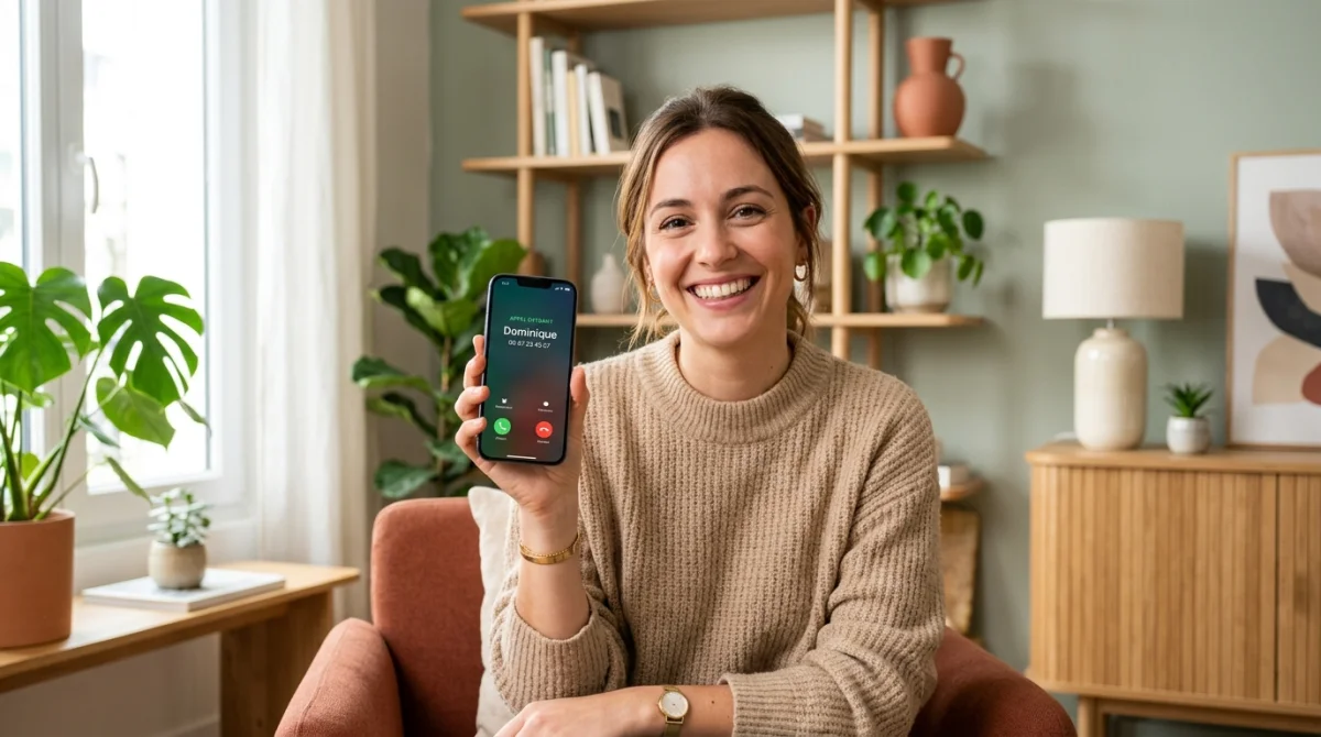 Personne souriante tenant un smartphone affichant un appel entrant avec le préfixe 0687 dans un salon lumineux.