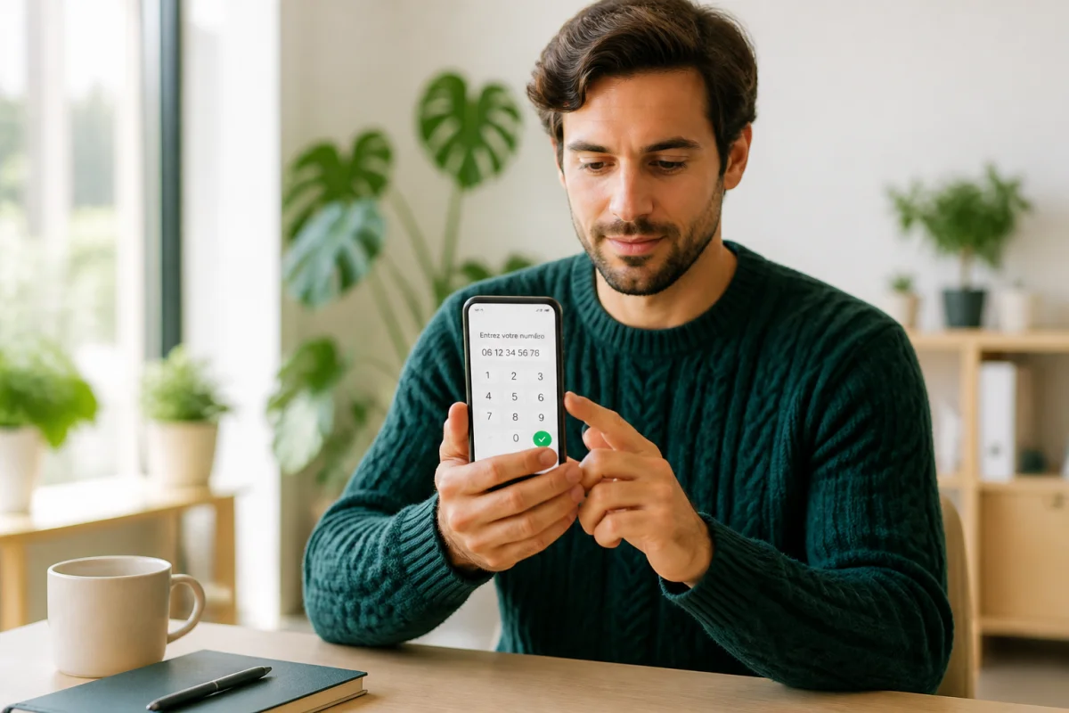 Personne consultant son smartphone pour vérifier l'opérateur associé au numéro 0759 dans un bureau moderne et lumineux.