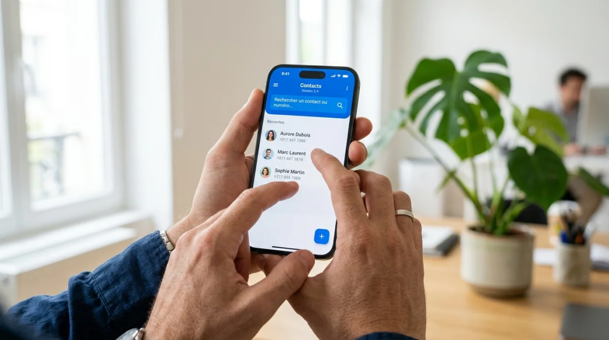 Personne utilisant un smartphone dans un bureau lumineux pour identifier un numéro 0695 sur une interface intuitive.