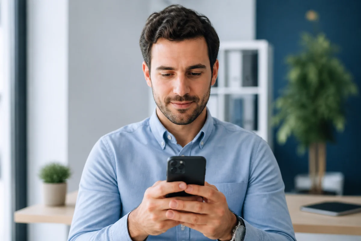 Personne concentrée consultant son smartphone dans un bureau lumineux pour identifier l'opérateur derrière un numéro 0763.