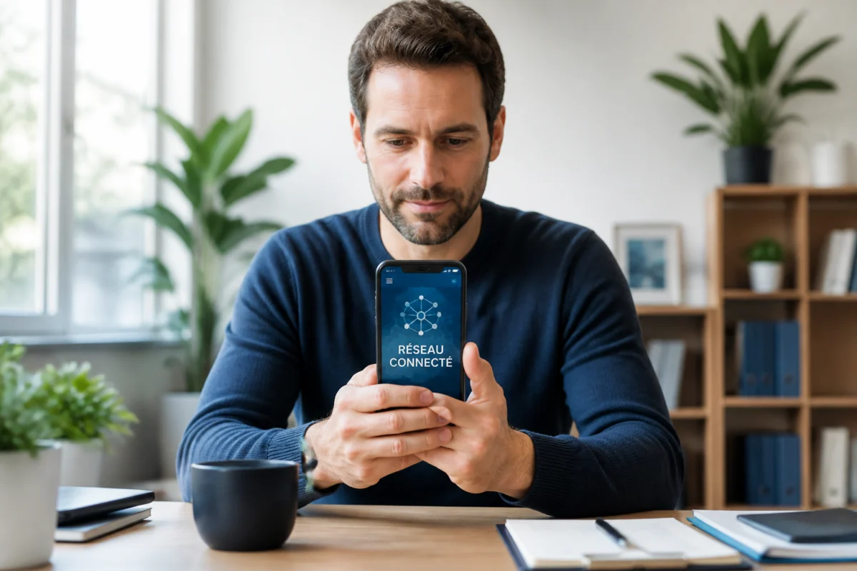 Personne concentrée consultant son smartphone dans un bureau lumineux pour identifier l'opérateur derrière le numéro 0757.