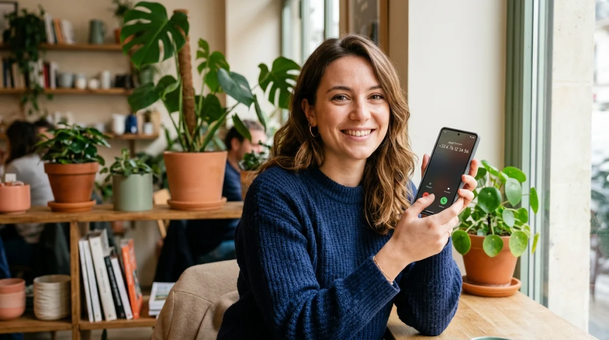 Personne souriante tenant un smartphone affichant le préfixe 0676 pour identifier l'opérateur mobile dans un café moderne.