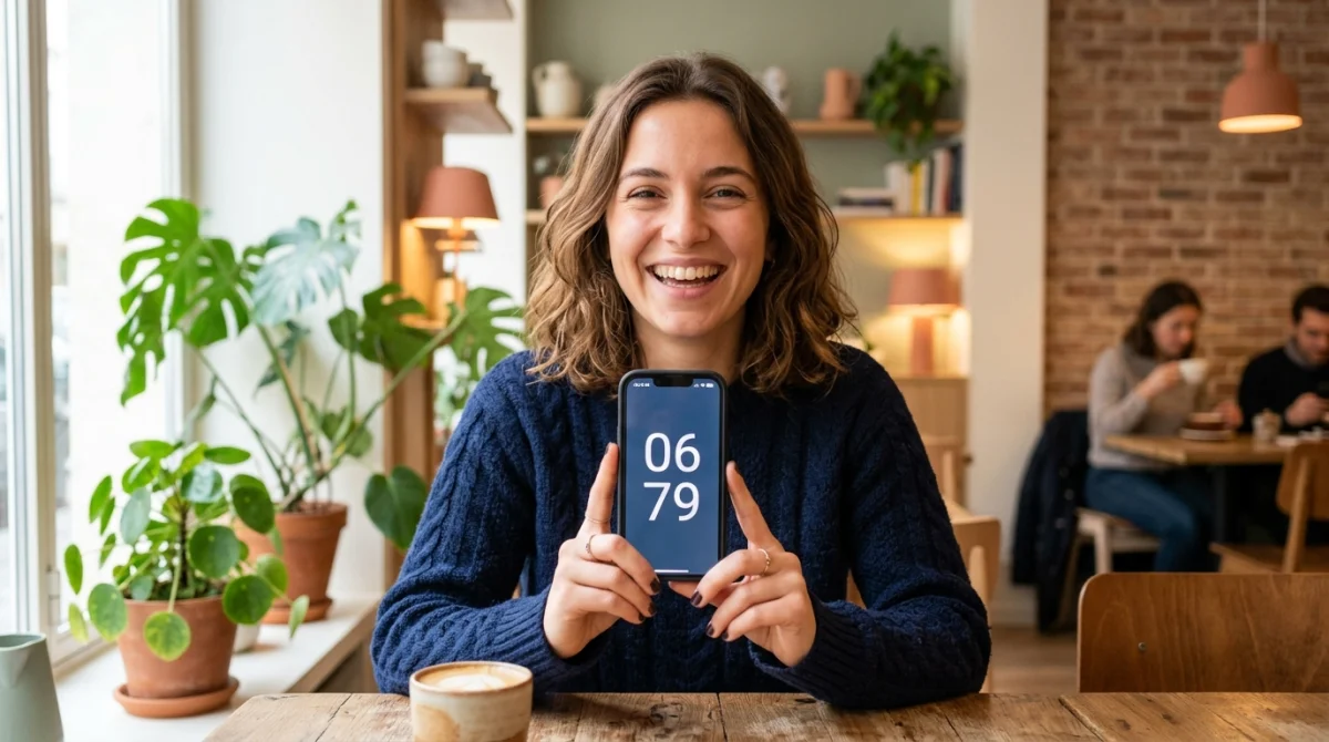 Personne souriante tenant un smartphone affichant le numéro 0679 dans un café moderne et lumineux.