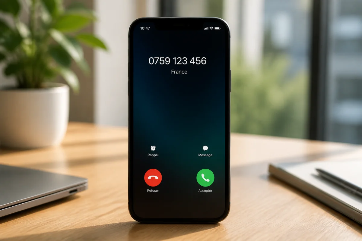 Smartphone moderne posé sur une table en bois affichant un numéro 0759 pour identifier quel opérateur le possède.