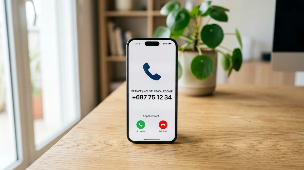 Smartphone moderne posé sur une table en bois affichant un numéro avec l'indicatif 0687 sur son écran.