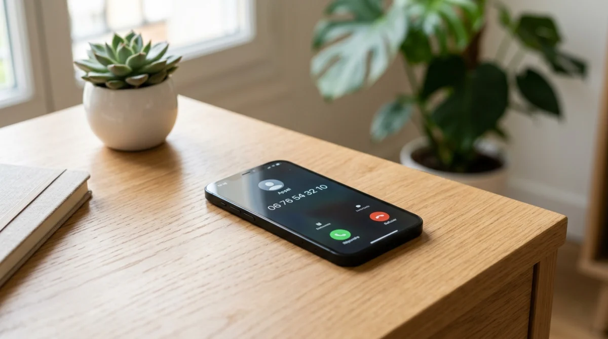 Smartphone moderne posé sur un bureau en bois affichant un numéro 0676 pour identifier quel opérateur.