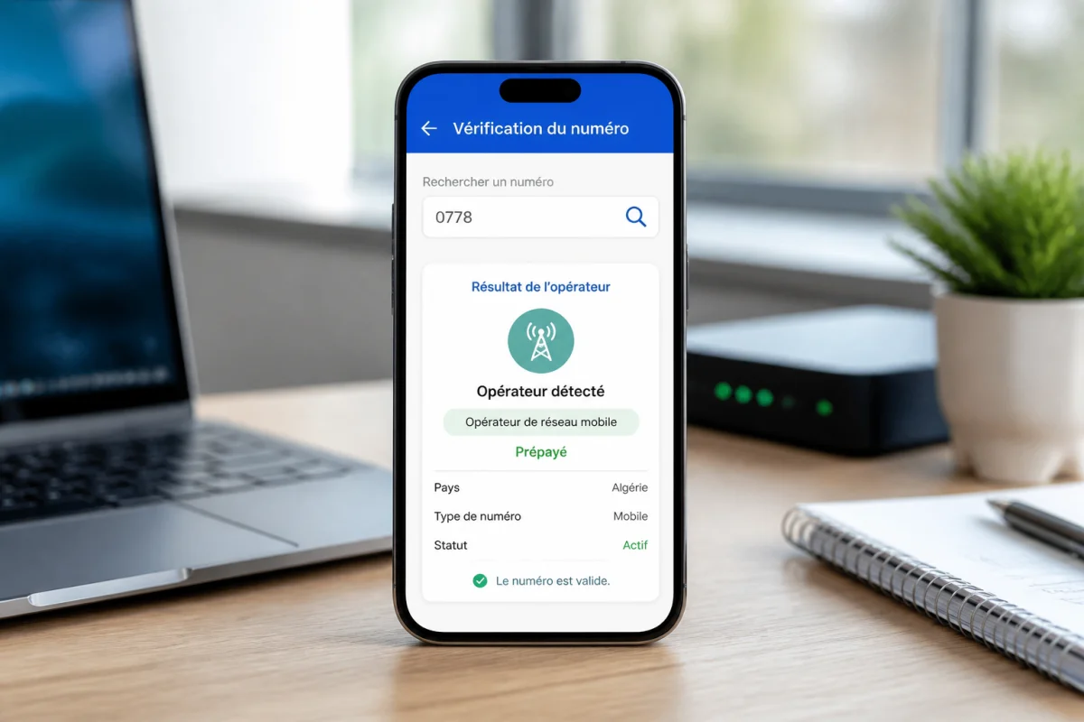 Smartphone affichant une vérification du numéro mobile 0778 et l’opérateur associé sur un bureau moderne