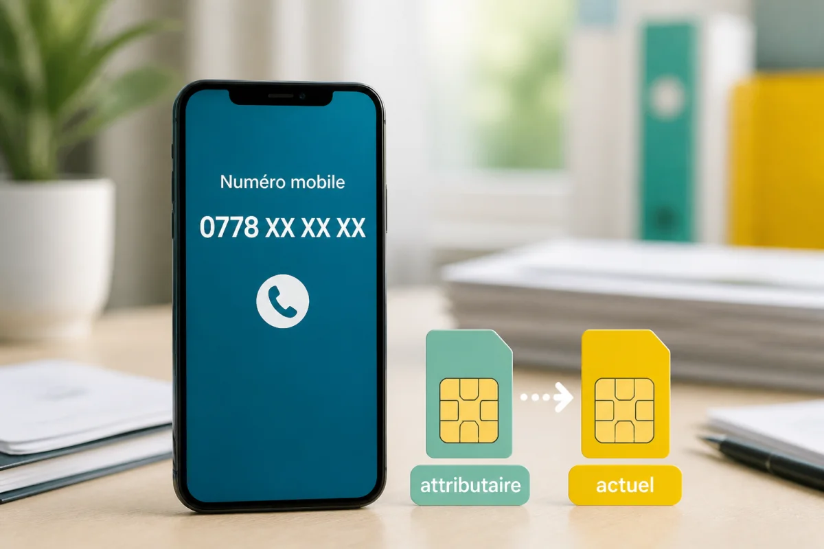 Smartphone affichant un numéro commençant par 0778 avec deux cartes SIM indiquant opérateur attributaire et actuel