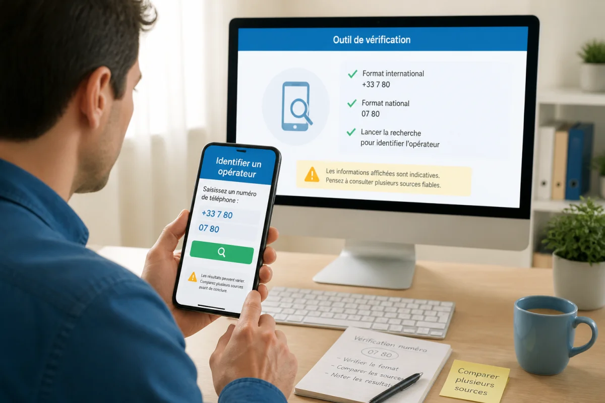 Personne consultant sur smartphone un numéro 0780 pour identifier son opérateur, avec outil de vérification sur ordinateur.