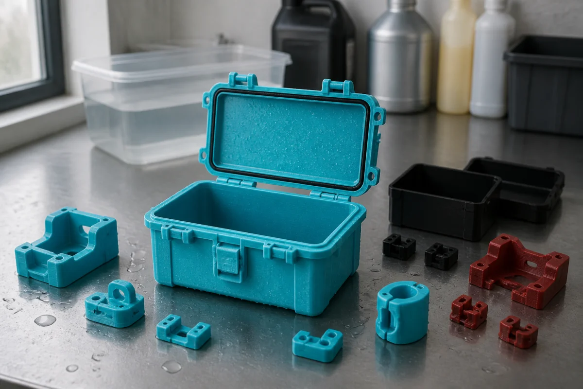 Comparaison de pièces imprimées en ABS et PETG, avec boîtier étanche et éléments emboîtables sur atelier humide