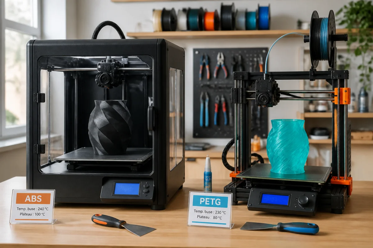 Comparatif ABS ou PETG en impression 3D avec deux imprimantes, pièces réussies et environnements fermé et ouvert