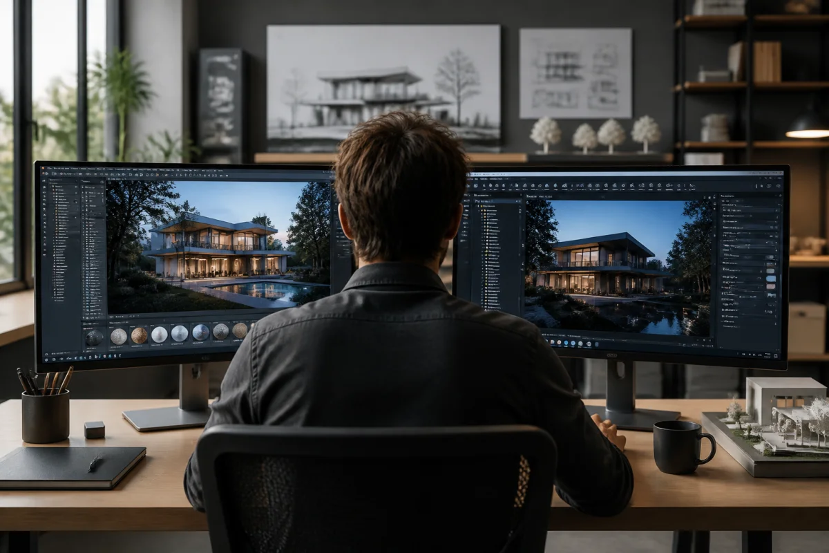 Artiste 3D comparant Blender ou 3ds Max sur deux écrans dans un studio de visualisation architecturale réaliste