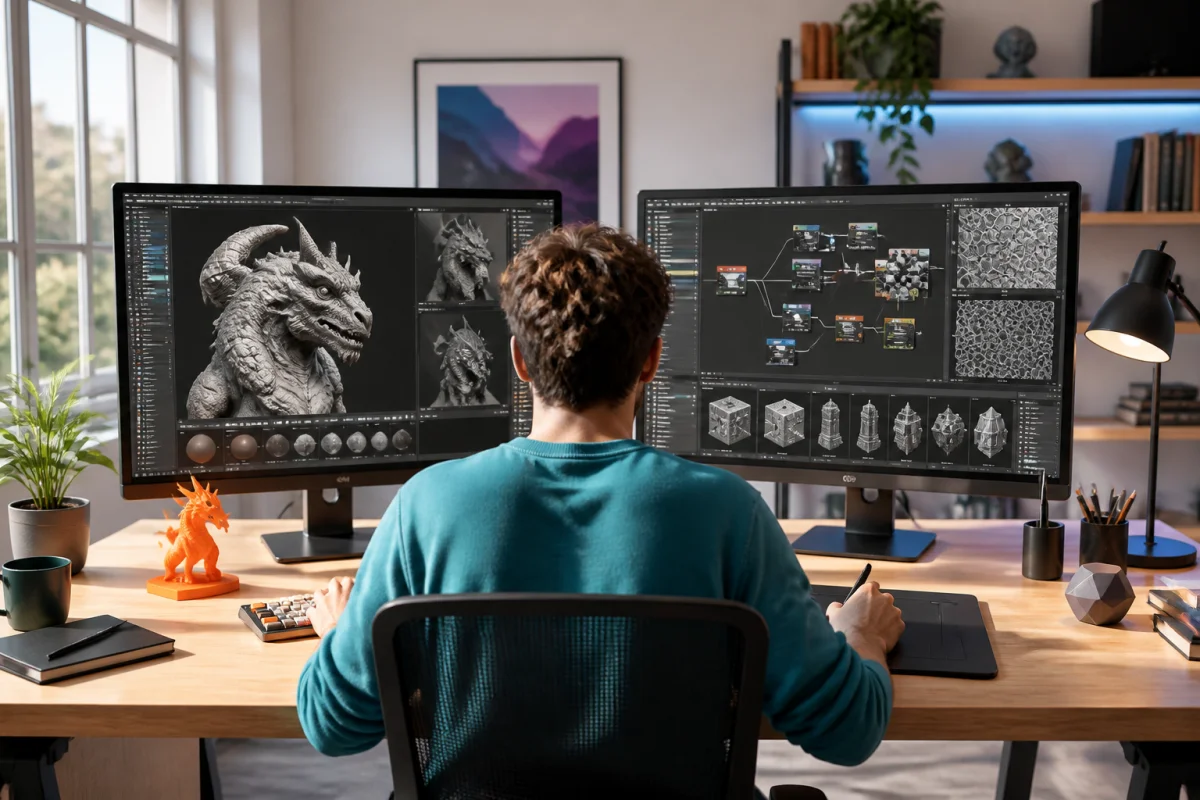 Artiste 3D comparant Blender ou 3ds Max sur deux écrans, entre sculpture organique et modélisation procédurale.