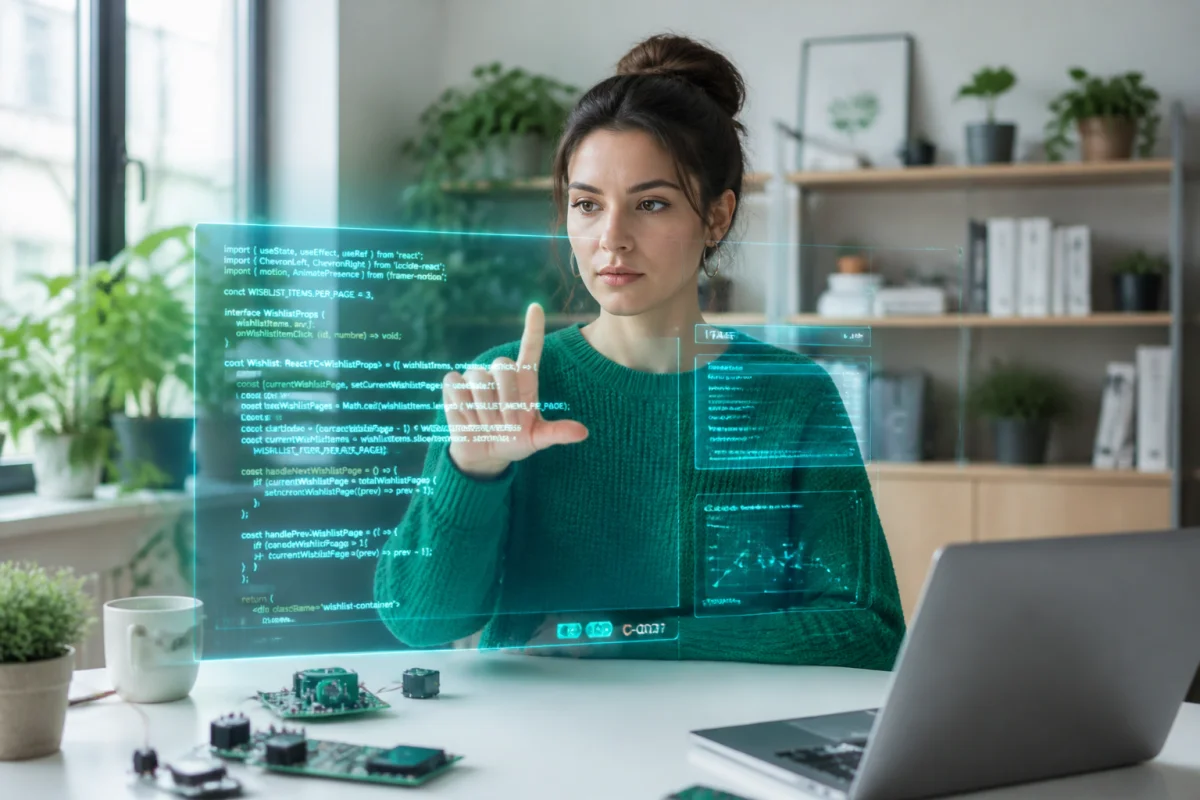 Développeuse concentrée travaillant sur le code d'un chatbot via une interface holographique dans un bureau moderne.