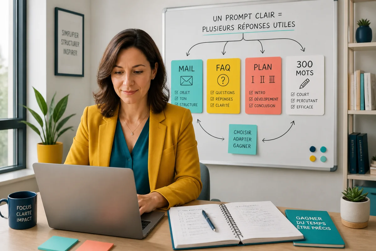 Professionnelle organisant des formats de réponse pour illustrer comment écrire un prompt efficace devant un ordinateur