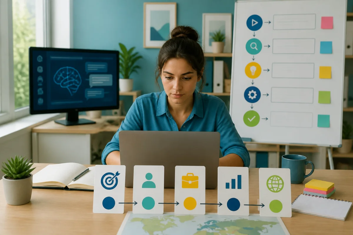 Comment écrire un prompt efficace : rédactrice concentrée devant un ordinateur, entourée de cartes et d’étapes méthodiques.