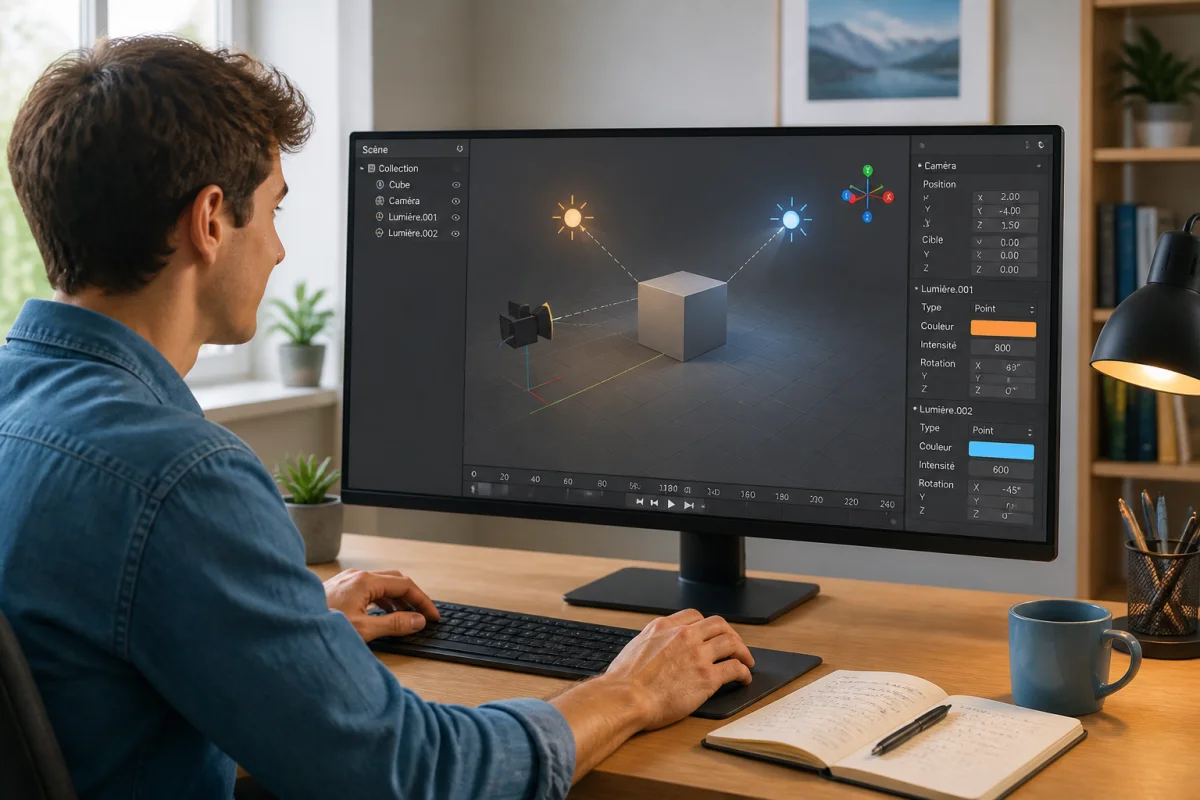 Débutant apprenant comment utiliser Blender devant une scène 3D avec cube, caméra et lumières colorées