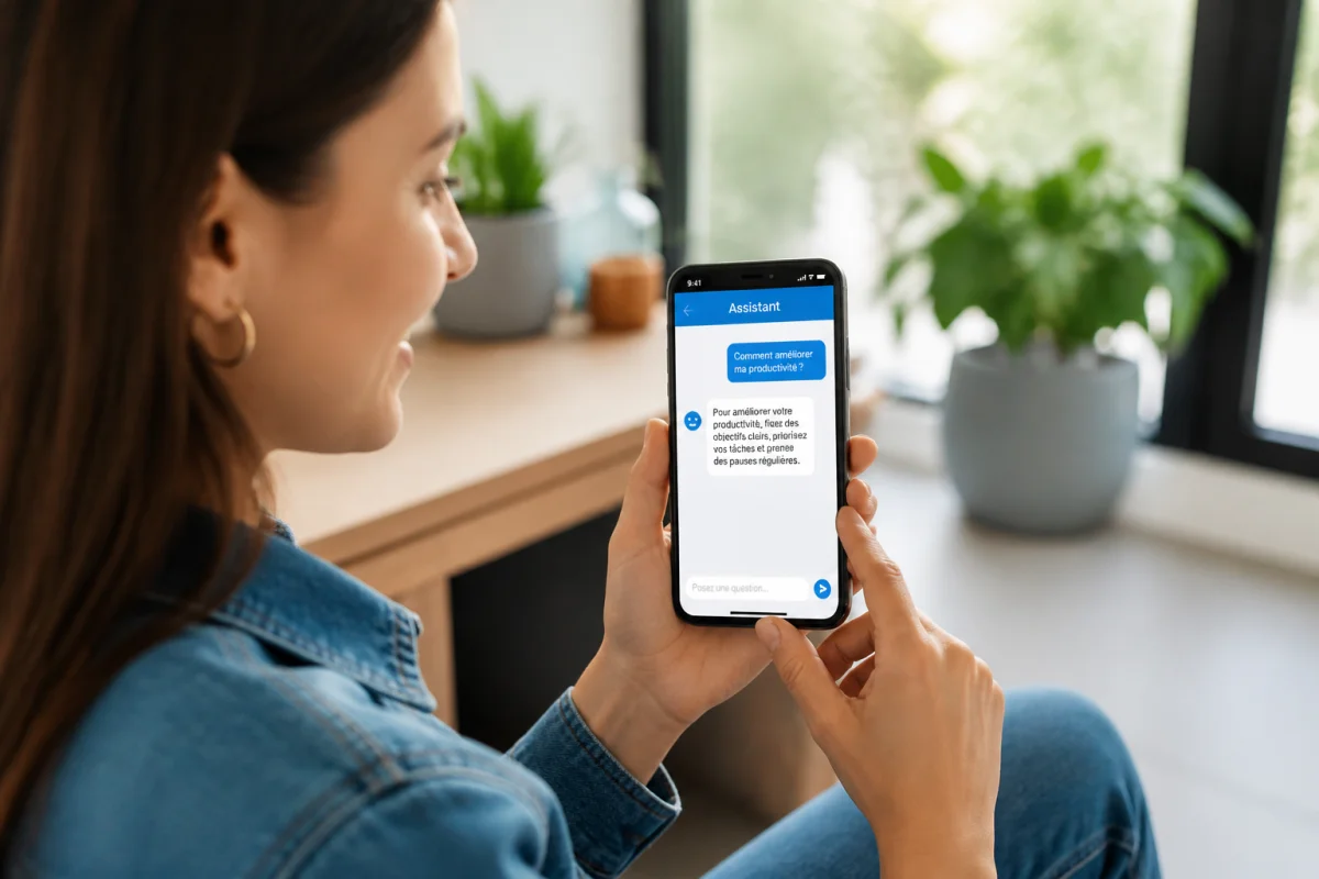 Personne utilisant un assistant conversationnel sur smartphone dans un intérieur lumineux, illustrant comment utiliser Microsoft Copilot simplement