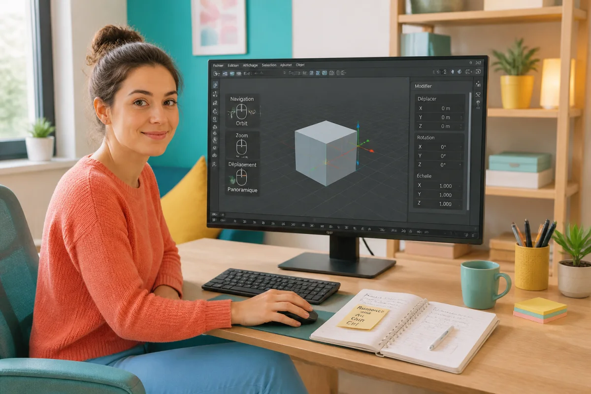 Débutante apprenant comment utiliser Blender devant une interface de modélisation 3D, dans un bureau lumineux et serein