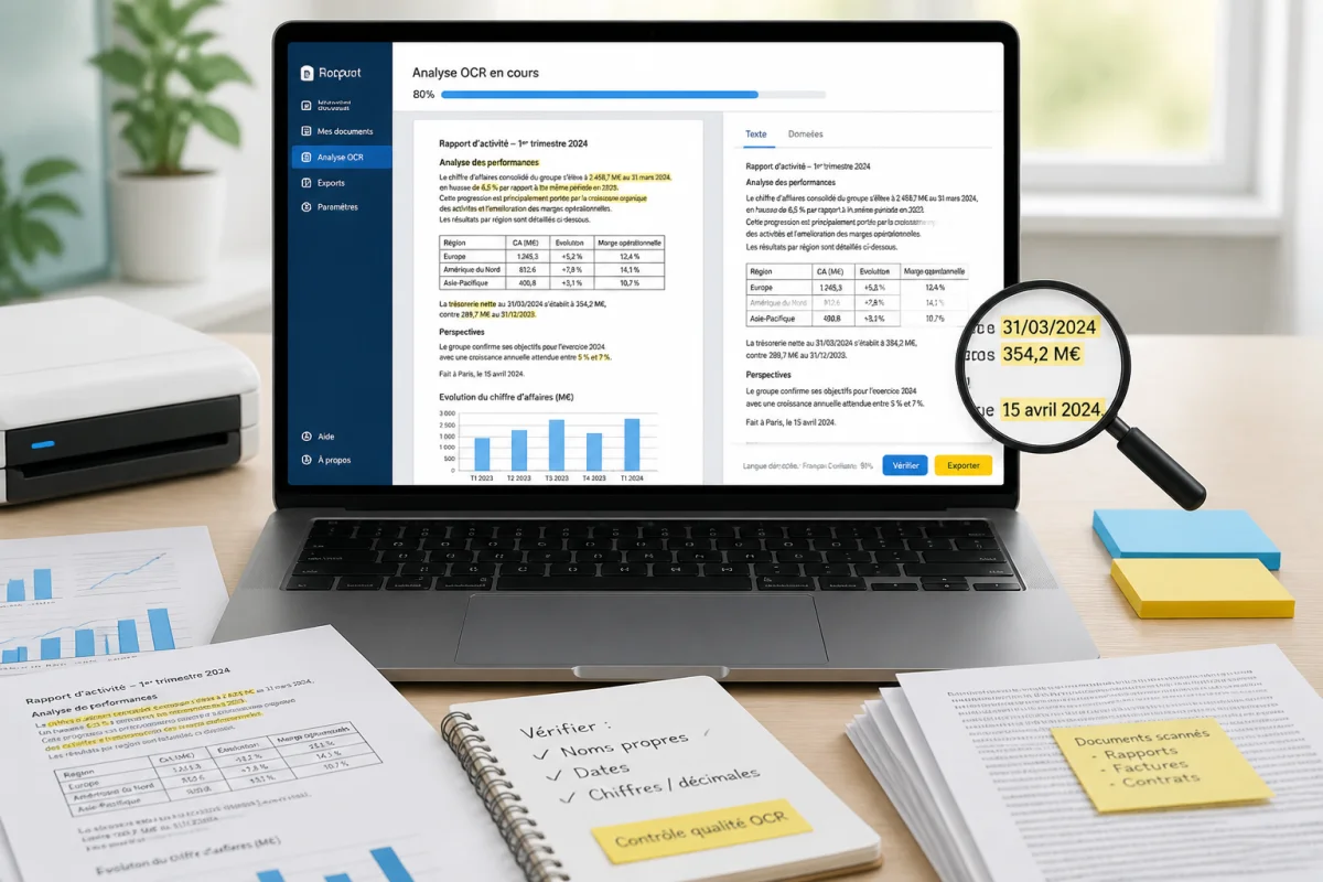 Ordinateur portable analysant un PDF scanné avec OCR, documents imprimés et loupe illustrant le résumé avec ChatGPT