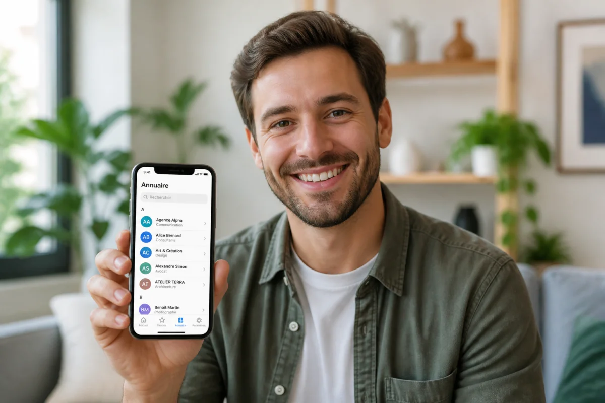 Personne souriante tenant un smartphone pour identifier l'opérateur derrière le numéro 0767 dans un salon lumineux.