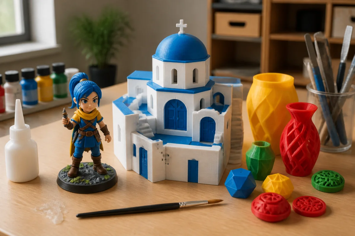 Pièces décoratives imprimées en PLA dans un atelier créatif, avec maquette architecturale, figurine colorée et outils de finition