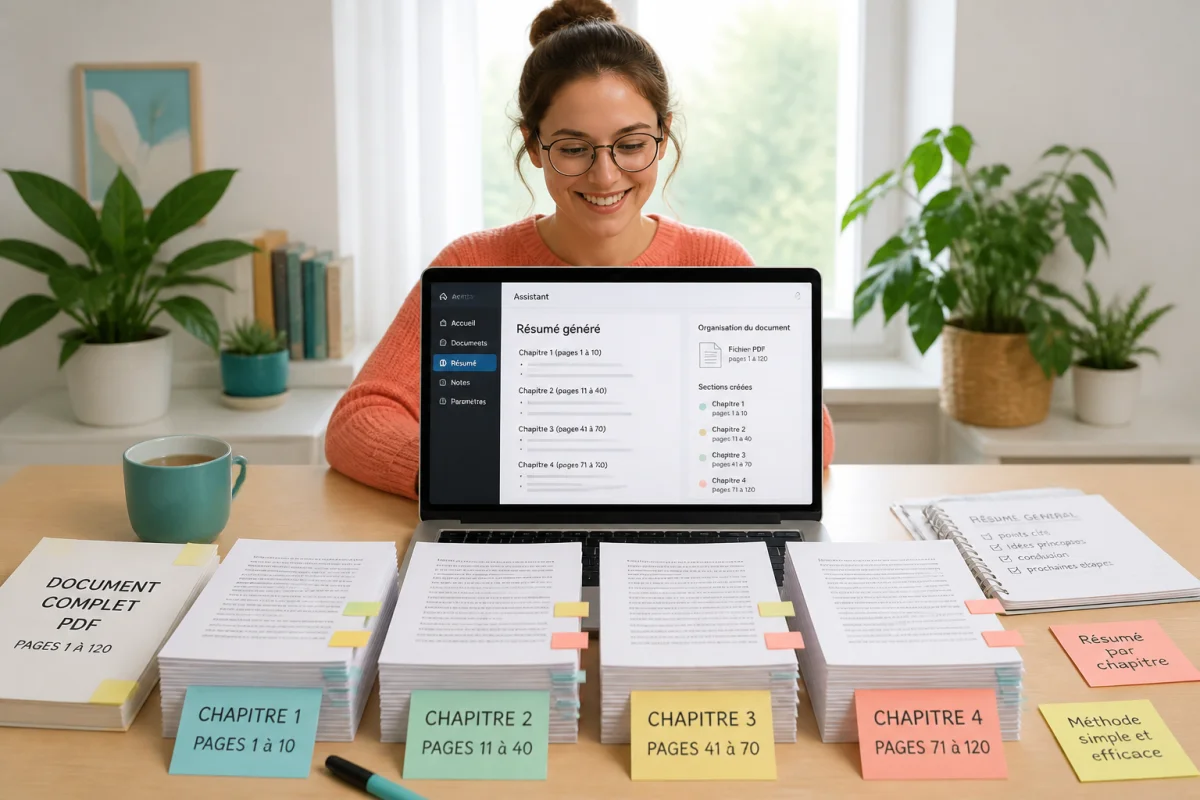 Personne organisant un PDF en sections sur ordinateur portable avec résumés générés par ChatGPT彩票软件
