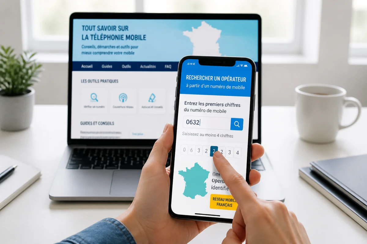 Smartphone affichant une recherche d’opérateur pour le préfixe 0632, avec carte de France et ordinateur en arrière-plan