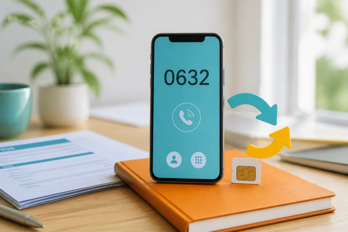 Smartphone affichant un numéro commençant par 0632, carte SIM et flèches illustrant le changement d’opérateur mobile