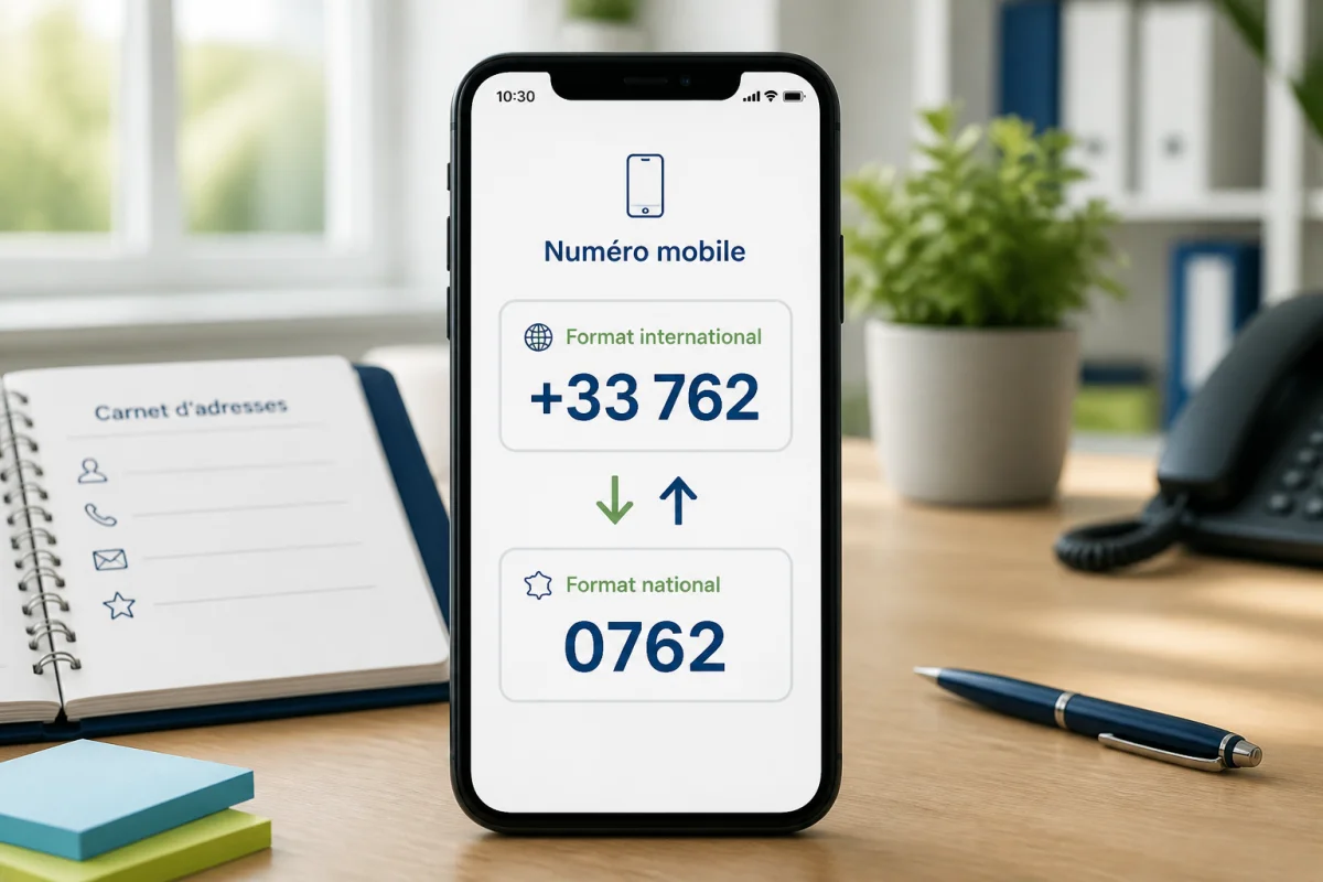 Smartphone affichant les formats 0762 et +33 762, illustrant quel opérateur correspond à ce préfixe mobile français.