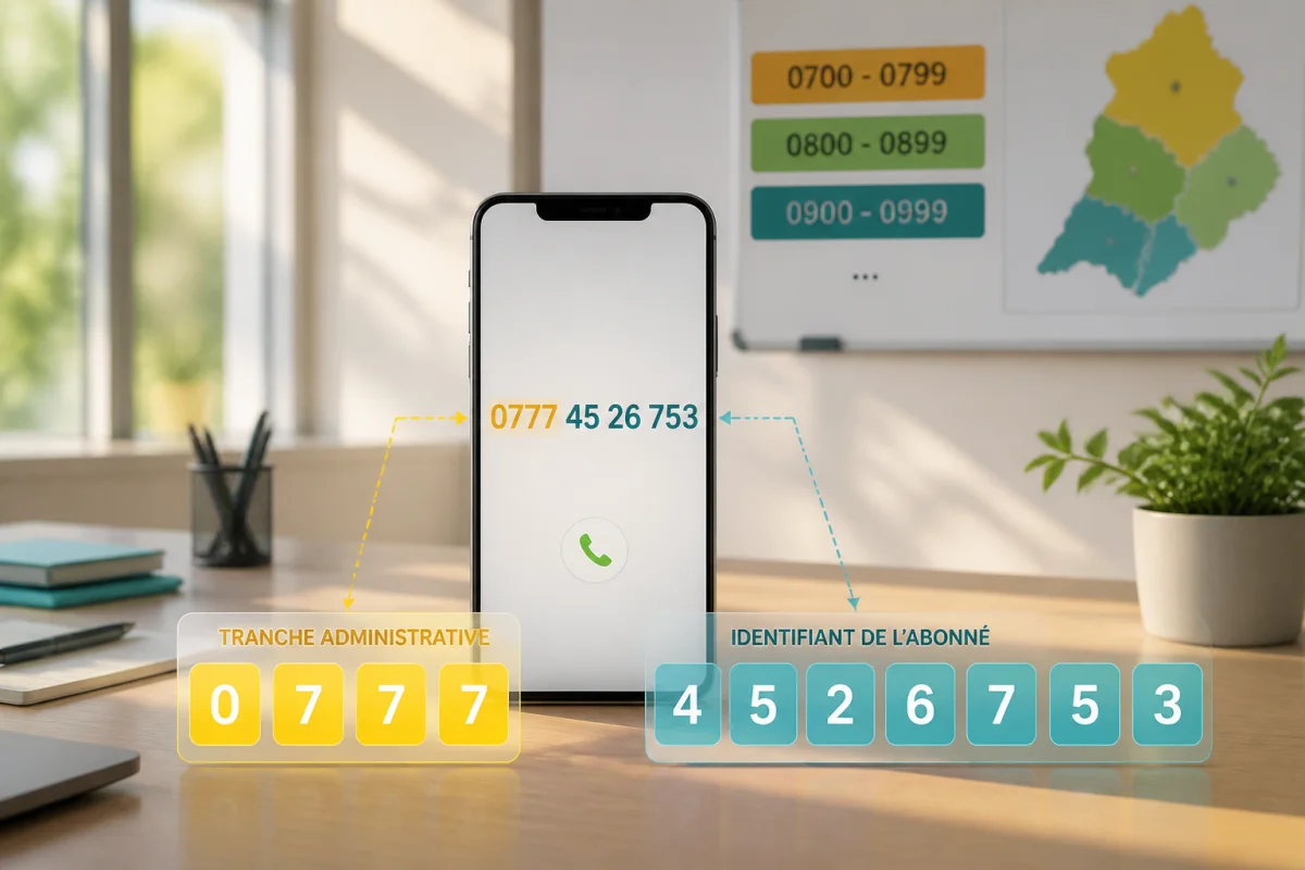 Smartphone affichant un numéro commençant par 0777, avec cartes illustrant le préfixe et l’identifiant de l’abonné