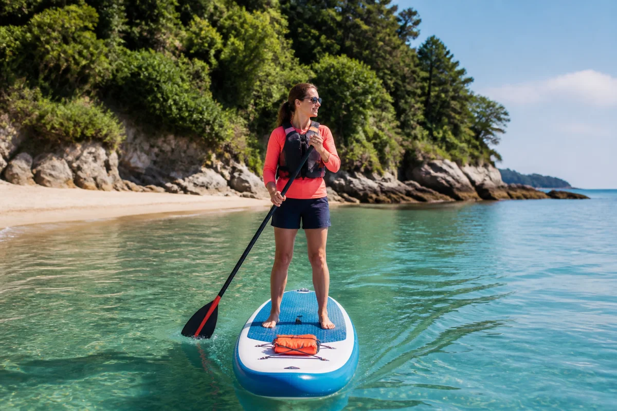 Activités nautiques en bord de mer : personne pagayant debout sur un paddle près d’une côte verdoyante sableuse