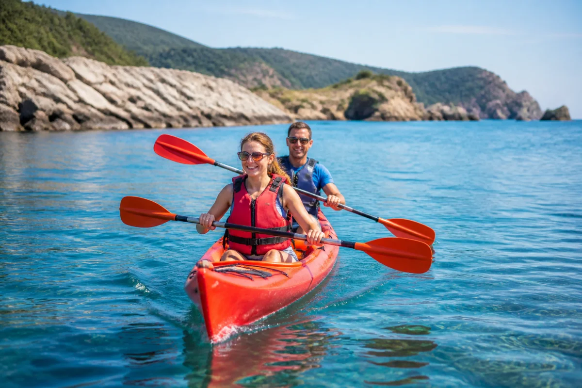Deux personnes en kayak de mer biplace pagaient paisiblement le long d’un littoral ensoleillé aux eaux calmes.